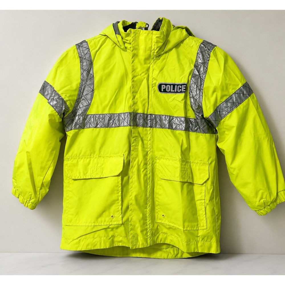 London Fog Police Rain Jacket Kids M 5-6 Neon Yellow Excellent Reflective Hooded